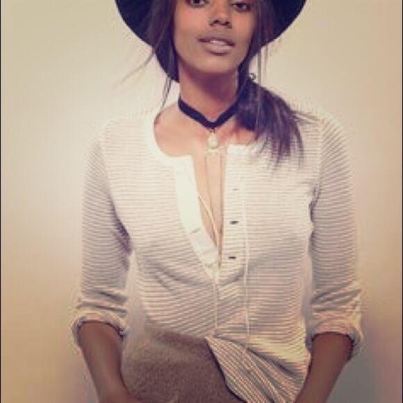 Free People Desert Rider FP Heirloom Striped Henley Top Brown Linen Blend LS XS - Picture 1 of 7